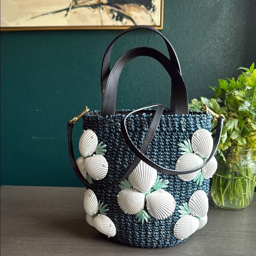 RAFE NY seashells blue / black gold hardware bucket tote